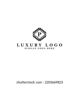 Letter P initial based vector logo. Serif letter logo within complex line art frame. Logo for luxury product, jewelry, fashion, beauty, and company.