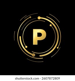 Letter P Initial Gold Color Cyber Multimedia Logo