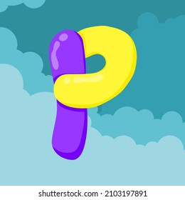 letter P initials Purple and yellow balloons are interlaced to form letters floating isolated on sky and clouds background, vector logo letter typography illustration.