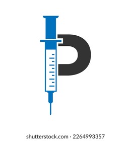 Letter P Injection Logo Design Vector Template. Healthcare Logotype