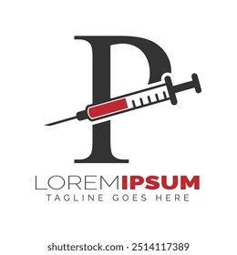 Letter P Injection Logo Design. Alphabet P Syringe icon illustration