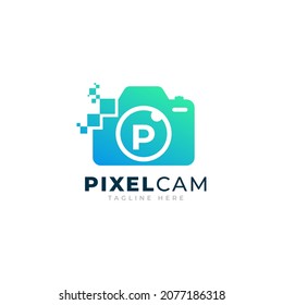 Plantilla de diseño de logotipos de tecnología de píxeles para imágenes con cámara de carta P