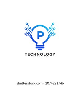 Elemento de plantilla de diseño del logotipo de la innovación de la tecnología de la lámpara interior de la letra P