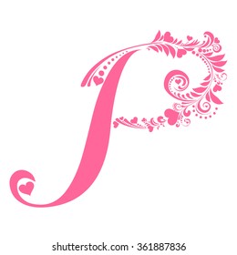 Letter P isolated on white. Romantic letter of beautiful heart. Love Alphabet Set. Vector Illustration