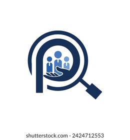 Letter P Job Work With Hand and People Team Work on Magnifying Glass Logo, Suitable for your company