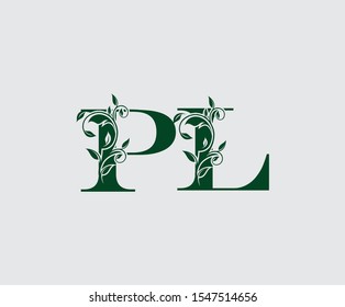 Letter P, L and PL Green Vintage Floral Logo Icon, overlapping monogram logo. Simple Swirl Green Letter Logo Icon.