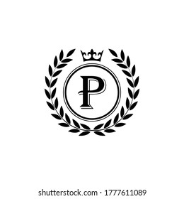 Letter P laurel Kranz Template Logo Luxury Brief mit Krone. Monogramm-Alphabet. Schöner königlicher Initialbrief.	