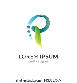Letra P, concepto de logotipo de hoja y agua con forma 3d en color verde degradado