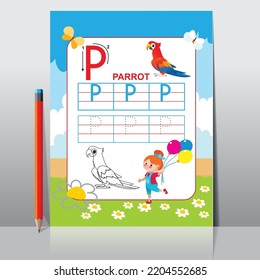 Letter P Learning Kids alphabet activity. Worksheet for learning alphabet. Handwriting practice sheet. Basic writing.