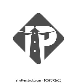letter I and P and lighthouse symbol. vector logo.