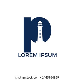 Letter P Lighthouse vector logo design. Lighthouse icon logo design vector template illustration.	