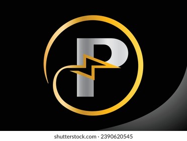 Letter P with lighting thunder bolt Logo Design Vector Template.