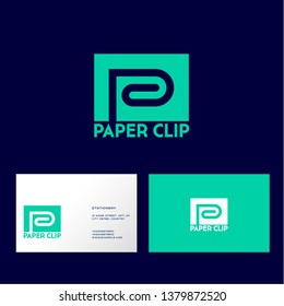 The letter P is like a clip on a turquoise background. Logo for stationery. Trade mark for office supplies.