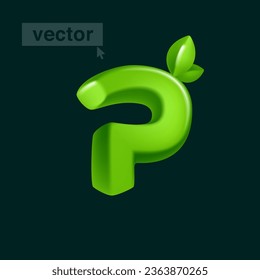 Logo de la letra P 3D representado en dibujos animados de estilo cúbico con hojas verdes. Ilustración vectorial ecológica. Formas isométricas imposibles. Pancarta perfecta para la naturaleza, etiquetas de comida saludable, jardín y hierba adv.