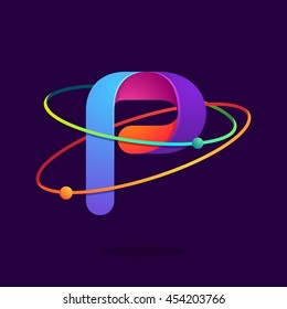 Letter P logo with atoms orbits lines. Bright vector design for science, biology, physics, chemistry company.