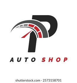 letter P logo auto mechanic with speedometer style. Alphabet P automotive speedometer design icon