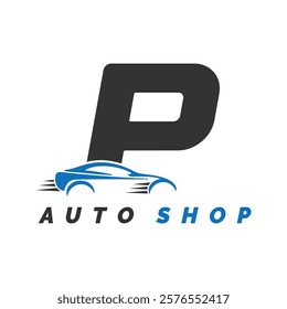 letter P logo auto mechanic with car style. Alphabet P automotive car design icon