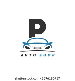 letter P logo auto mechanic with car design. Alphabet P automotive car style icon