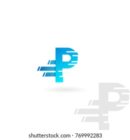 Letter P logo. Blue distorted vector icon. Speed concept font.