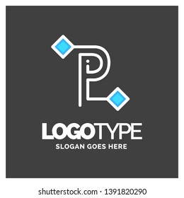 Letter P logo, Business corporate logo design vector. Blue and White Logo over Gray background. digital letter icon template for technology. Square shape, Colorful, Technology and digital abstract dot