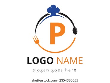 Letter P Logo With Chef Hat, Spoon And Fork For Restaurant Logo. Modern vector logo for café, restaurant, cooking business, and company identity