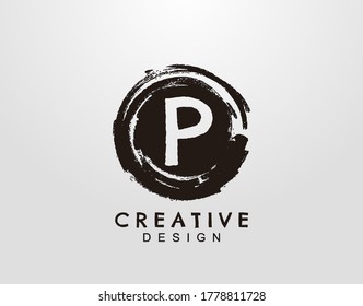 Letter P Logo With Circle Grunge Splatter Element. Retro logo design template.