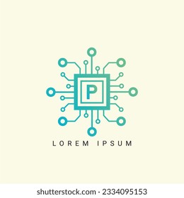 Logo de la letra P, símbolo de forma circular, color verde y azul, tecnología y conexión de puntos abstractos digitales