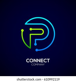 Letter P logo, Circle shape symbol, green and blue color, Technology and digital abstract dot connection