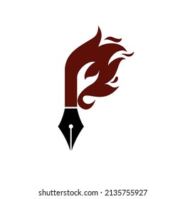 letter p logo with combination pen art and flame