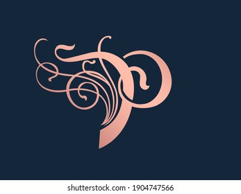 Letter P logo. Decorative floral creative typographic icon isolated on dark fund. Symbol icon for beauty, spa, elegant, luxury brand. Alphabet initial. Ornate elements. Metallic pink character shape.