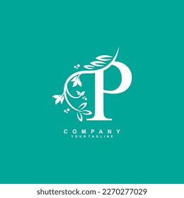 letter P logo design with flowers, leaves and white feathers with a beautiful and elegant style. monogram P. typography P. initial P logo. suitable for beauty, business, spa, salon, wedding, boutique