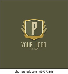 Letter P logo design. Luxury shield crown brand concept. Classic emblem sign.