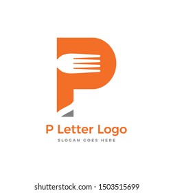 Letter P logo design template. Vector alphabet letter P fork illustration background. Graphic food icon symbol for cafe, restaurant, cooking business. Modern green linear catering label, emblem, badge