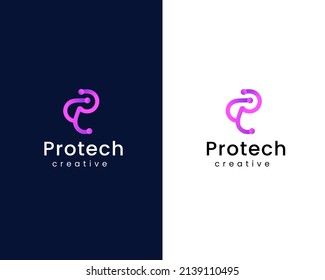 letter p logo design template with tech sign