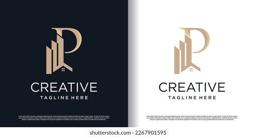 letter p logo design template with building concept premium vector