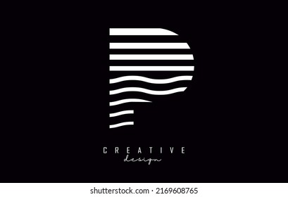 Diseño del logotipo de la letra P con líneas rectas blancas y de zag en zig. Ilustración vectorial con líneas onduladas.