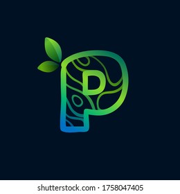 Logo de la letra P con patrón de ondas ecológicas. Icono verde vector perfecto para el diseño paisajístico, impresión natural y etiquetas cartográficas, etc.