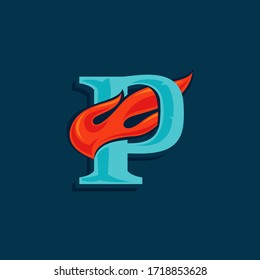 Letter P logo with fast speed fire. Vintage serif font with line shadow. Vector icon perfect for sportswear labels, race posters, victory identity, etc.