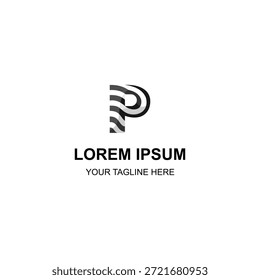 Logo de la letra P con rayas onduladas en blanco y negro, patrón de cebra creativa para la marca.