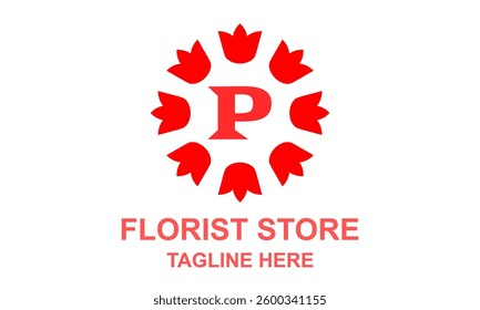 Letter P logo floral. Elegant symbol abstract flower red colour clip art logo. Branding for florist business