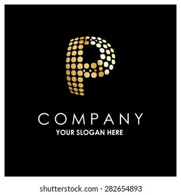 Letter P logo , golden Bold sphare logo on white background . Place for Company name and tag line . Business logo - vector illustration
