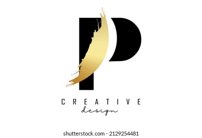 Letter P logo with golden brush stroke and creative cut. Creative Vector Illustration with letter.