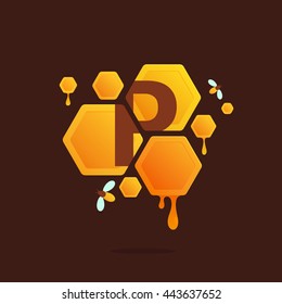 Letter P logo in Honeycomb with flowing honey. Colorful vector design for banner, presentation, web page, app icon, card, labels or posters.