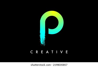 Letter P Logo Icon Design with Rounded Shape and Artistic Brush Stroke Ending. Letter p in Green Blue Electric Vibrant Color Vector Illustration.