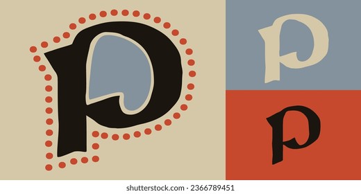 Letter P logo. Lindisfarne calligraphy in majuscule Celtic, Anglo-Saxon, Irish style with red dots pattern. Dim colored medieval initial. Vintage illuminated dropcap for brewery, heraldic monograms.