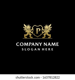 Letter P logo luxurious with golden lion king and black background. Vector illustration badge.