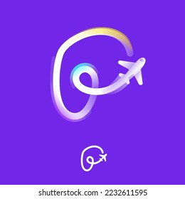 Logo de la letra P hecho de una línea de gradiente con icono de plano y brillo de arco iris. Emblema multicolor superpuesto. Ideal para aplicaciones de viajes coloridas, diseño de entregas, publicidad de aviación, identidad de vuelo.