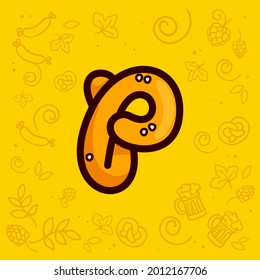 Letter P logo made of pretzel. Hand-drawn with Oktoberfest pattern on background. Perfect to use in any German restaurant advertising, party posters, appetizer identity, etc.