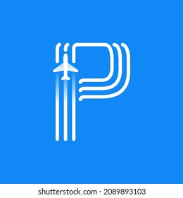 El logotipo de la letra P está hecho de tres líneas paralelas con un icono de plano. Emblema vectorial para una aplicación de viajes, identidad de la compañía de aviones a reacción y publicidad de envío.