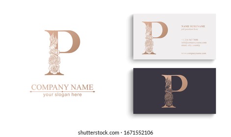 Letter P logo or monogram. For your business. Vector sign. Floral style, beautiful roses. Personal logo.